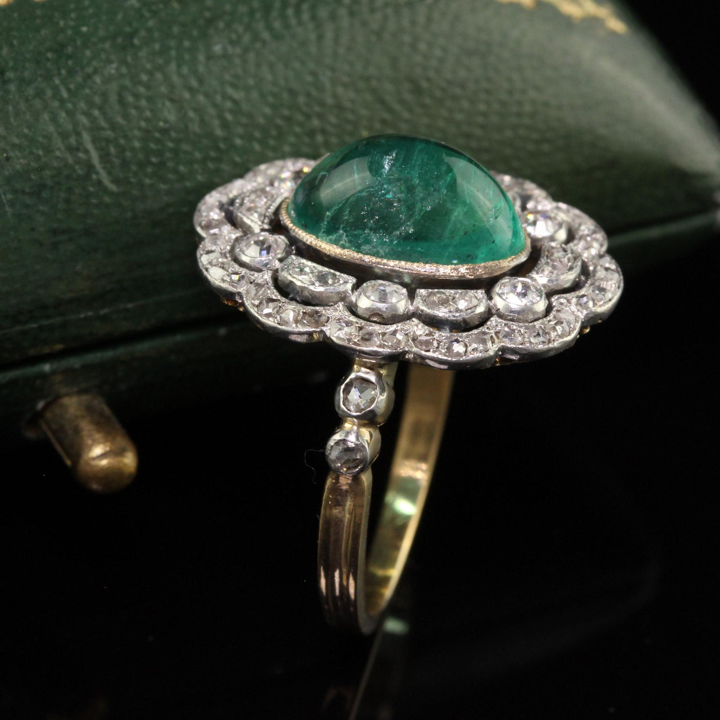 Antique French Edwardian 18K Gold Platinum Diamond Cabochon Emerald Ring - GIA