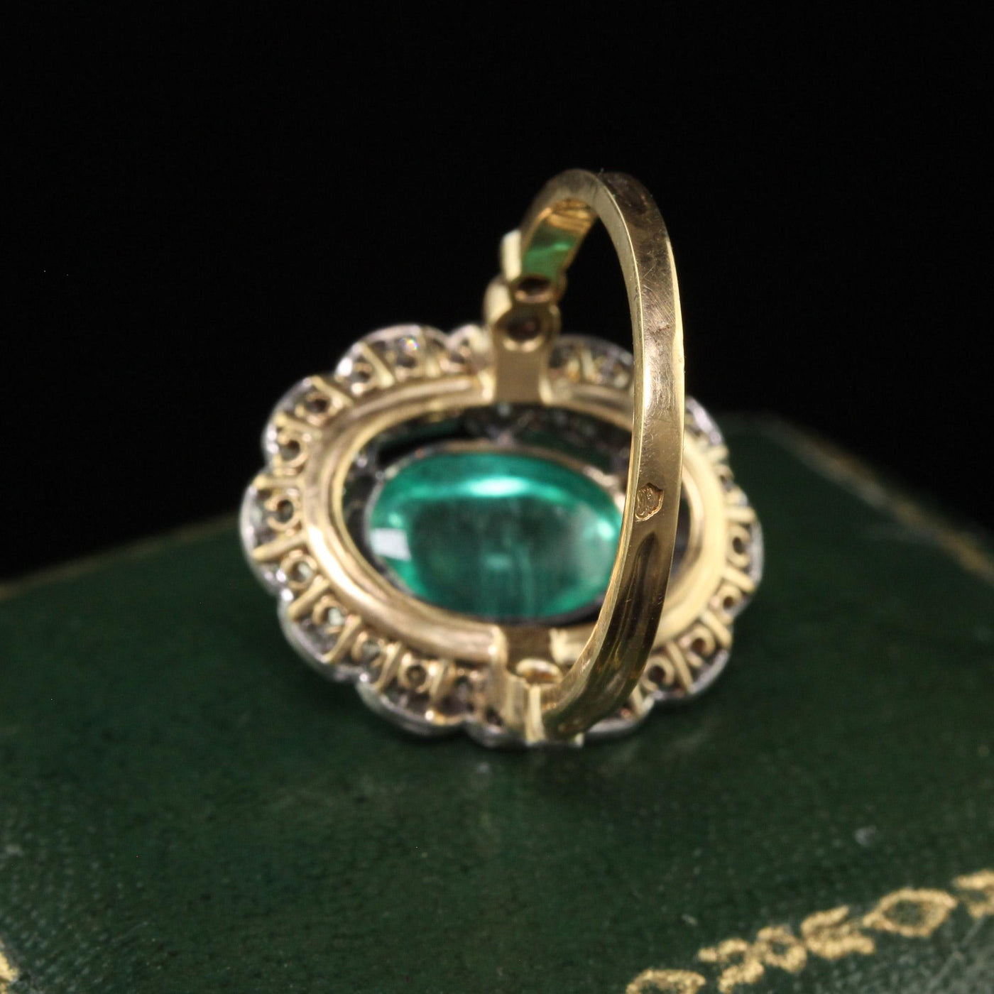 Antique French Edwardian 18K Gold Platinum Diamond Cabochon Emerald Ring - GIA