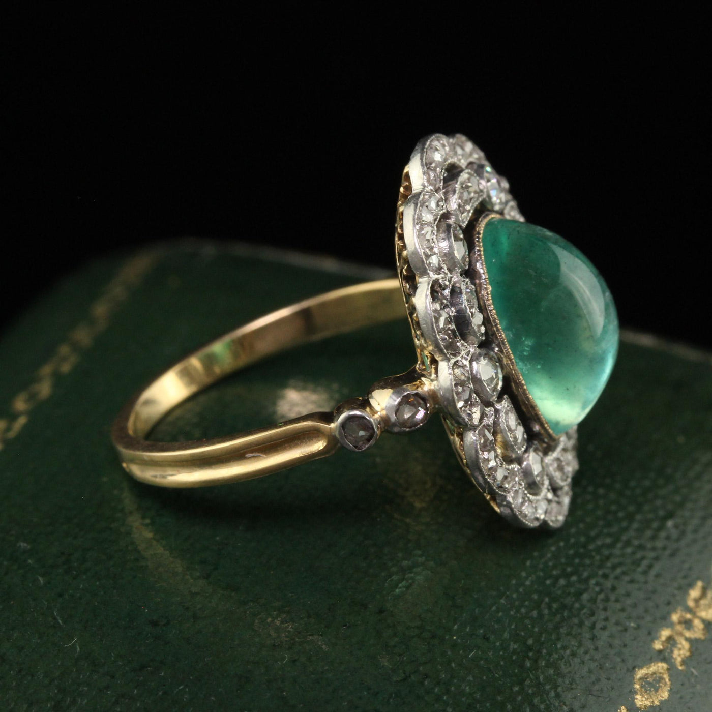 Antique French Edwardian 18K Gold Platinum Diamond Cabochon Emerald Ring - GIA