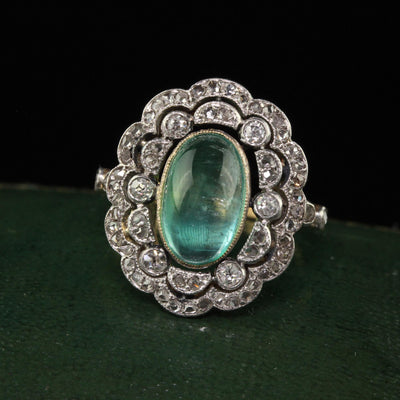 Antique French Edwardian 18K Gold Platinum Diamond Cabochon Emerald Ring - GIA