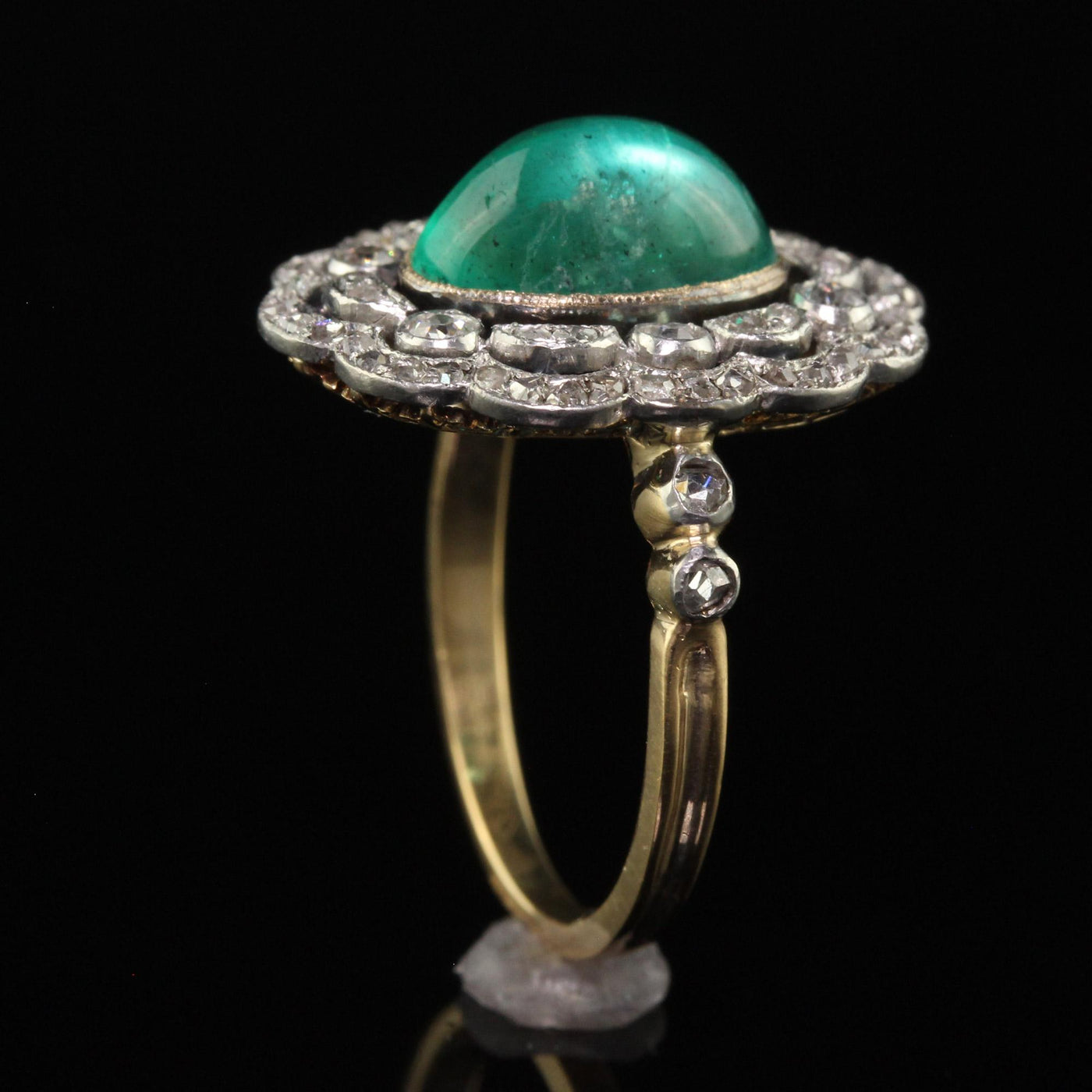 Antique French Edwardian 18K Gold Platinum Diamond Cabochon Emerald Ring - GIA