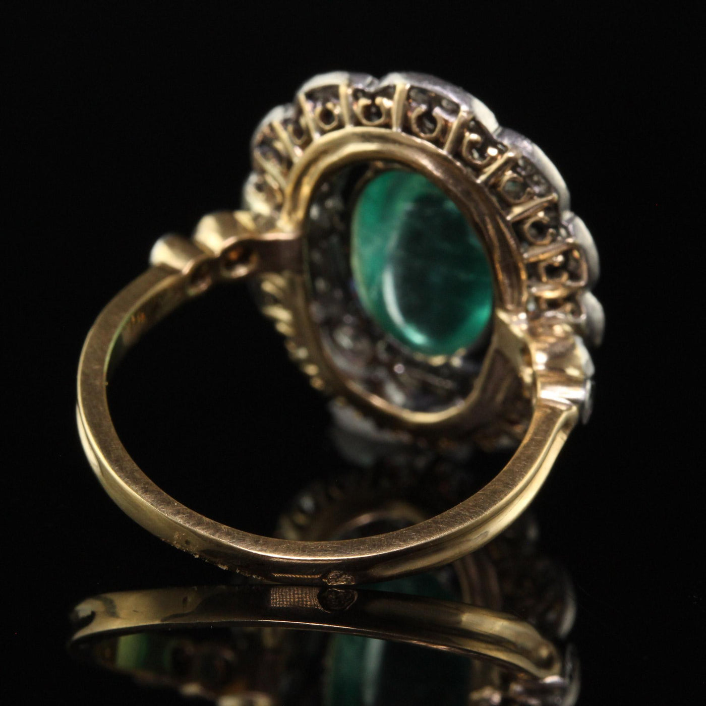 Antique French Edwardian 18K Gold Platinum Diamond Cabochon Emerald Ring - GIA