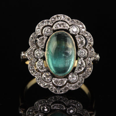 Antique French Edwardian 18K Gold Platinum Diamond Cabochon Emerald Ring - GIA