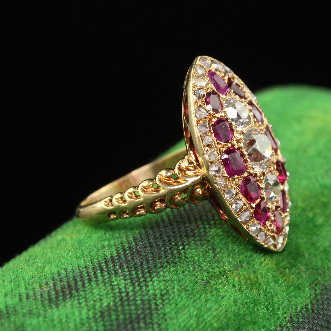 Antique Victorian 18K Yellow Gold Old Mine Diamond and Ruby Navette Ring