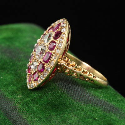 Antique Victorian 18K Yellow Gold Old Mine Diamond and Ruby Navette Ring