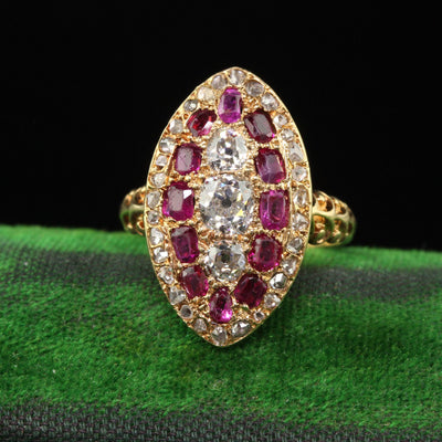 Antique Victorian 18K Yellow Gold Old Mine Diamond and Ruby Navette Ring