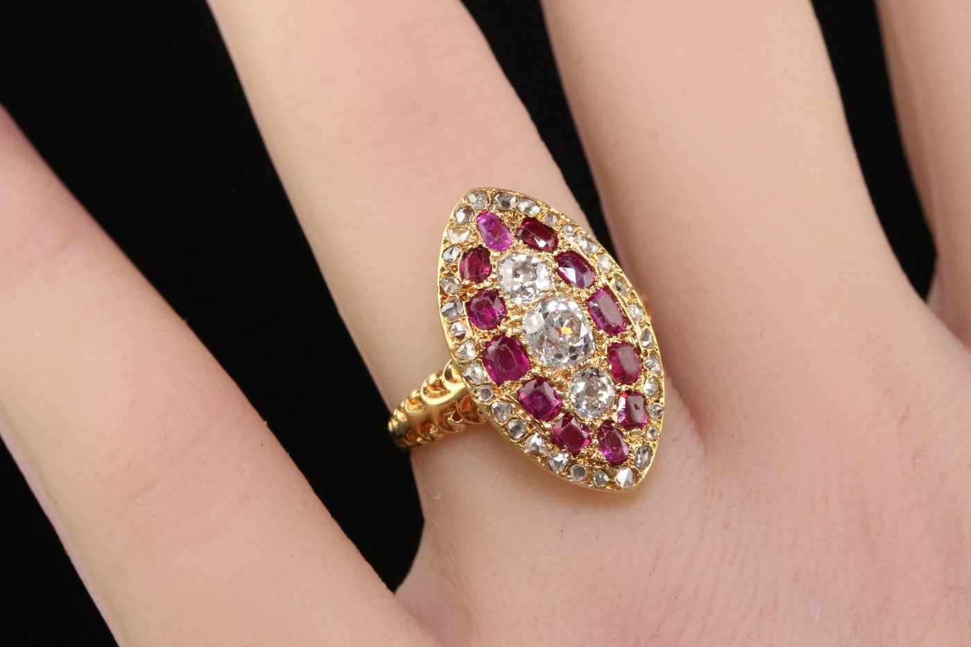 Antique Victorian 18K Yellow Gold Old Mine Diamond and Ruby Navette Ring