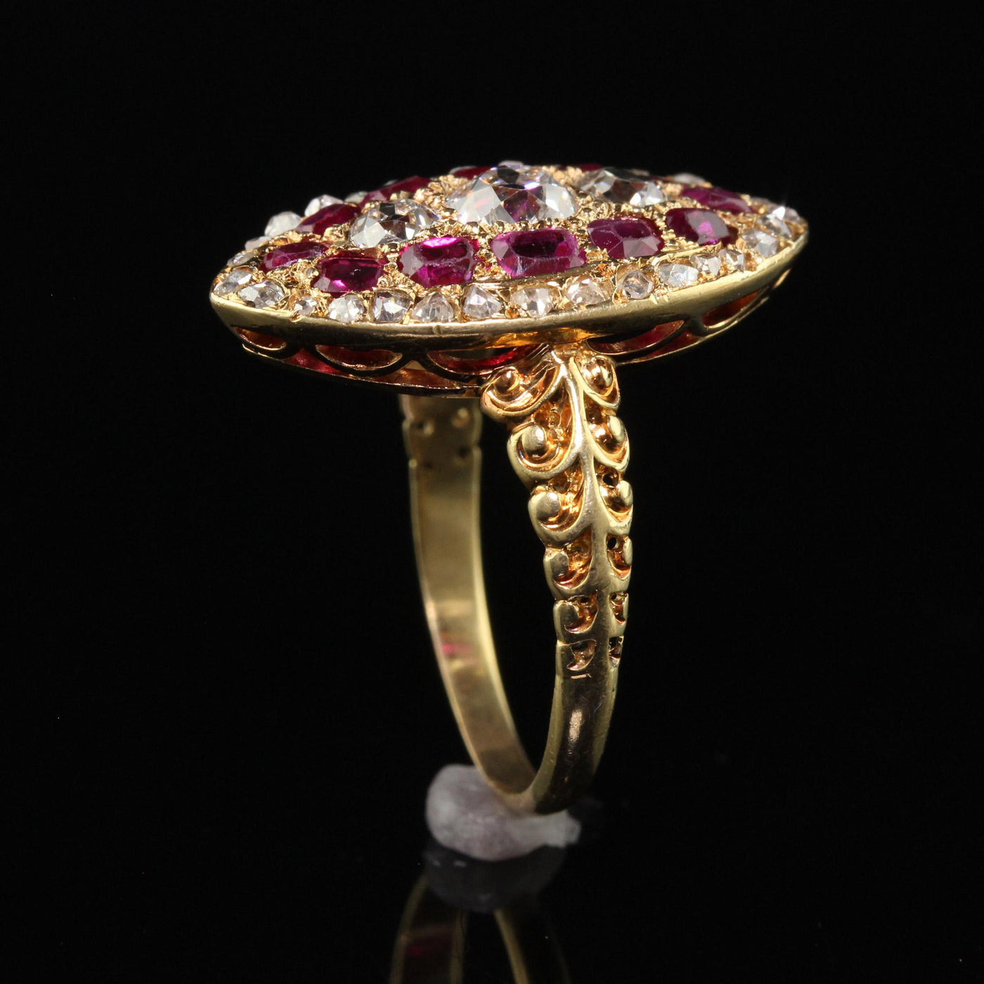 Antique Victorian 18K Yellow Gold Old Mine Diamond and Ruby Navette Ring