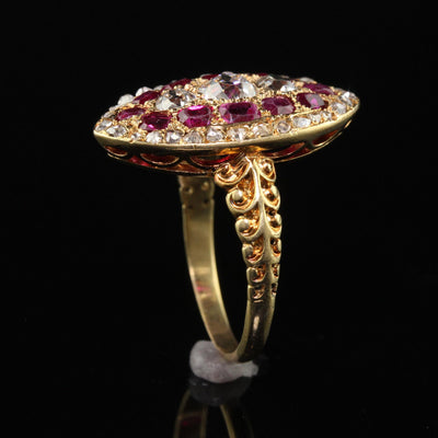 Antique Victorian 18K Yellow Gold Old Mine Diamond and Ruby Navette Ring