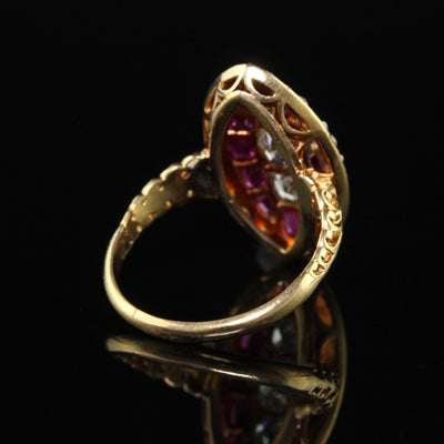 Antique Victorian 18K Yellow Gold Old Mine Diamond and Ruby Navette Ring