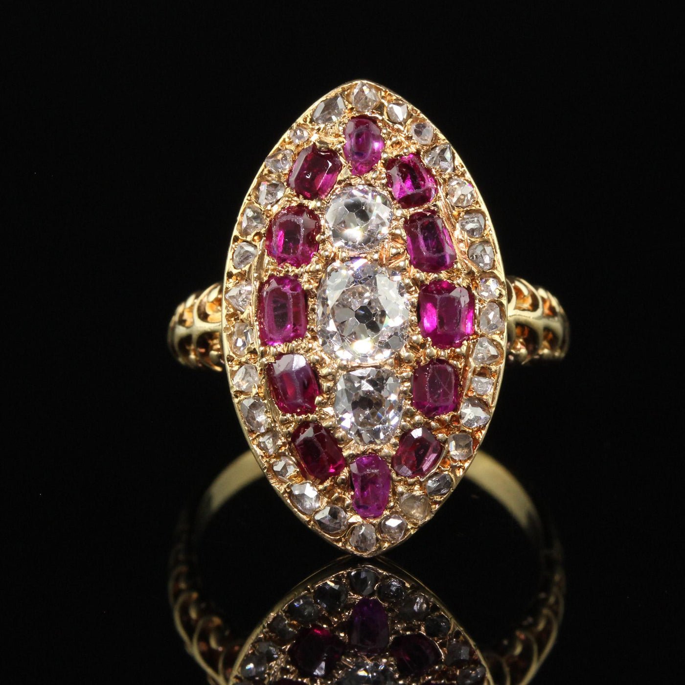 Antique Victorian 18K Yellow Gold Old Mine Diamond and Ruby Navette Ring