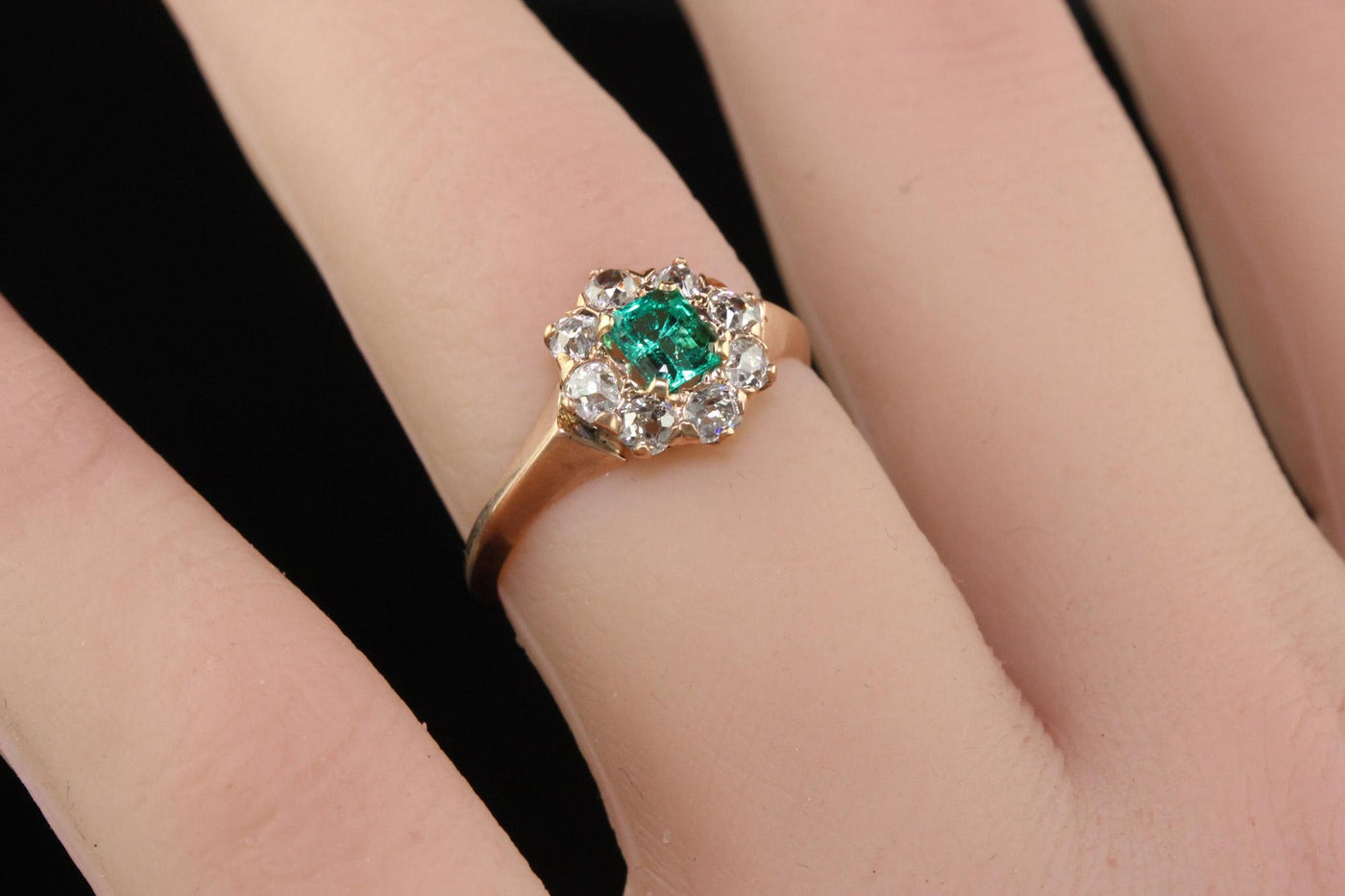 Antique Victorian 12K Rose Gold Old Mine Diamond Emerald Engagement Ring