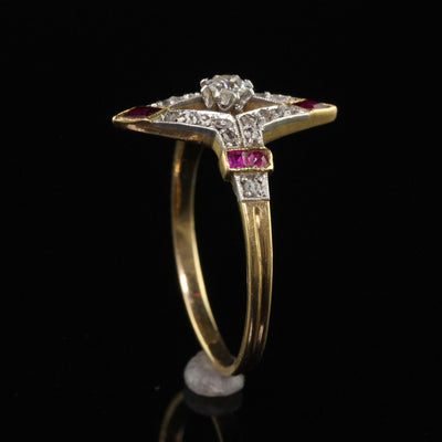 Antique Edwardian 18K Yellow Gold Platinum Old Cut Diamond Ruby Ring