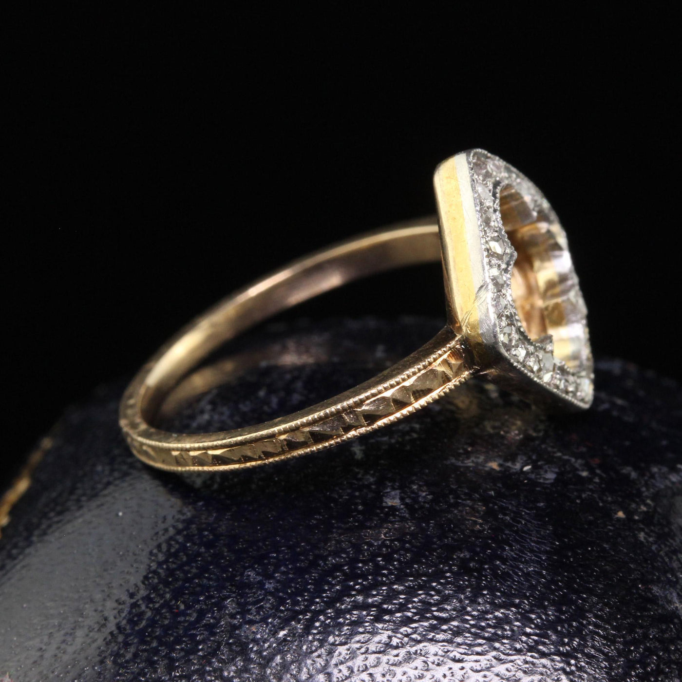 Antique Edwardian 14K Yellow Gold Platinum Top Rose Cut Diamond Clover Ring