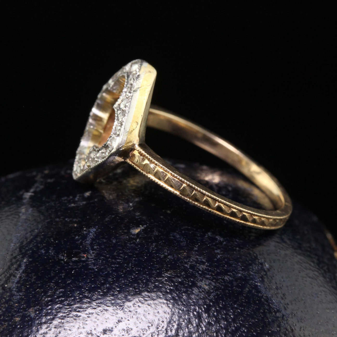 Antique Edwardian 14K Yellow Gold Platinum Top Rose Cut Diamond Clover Ring