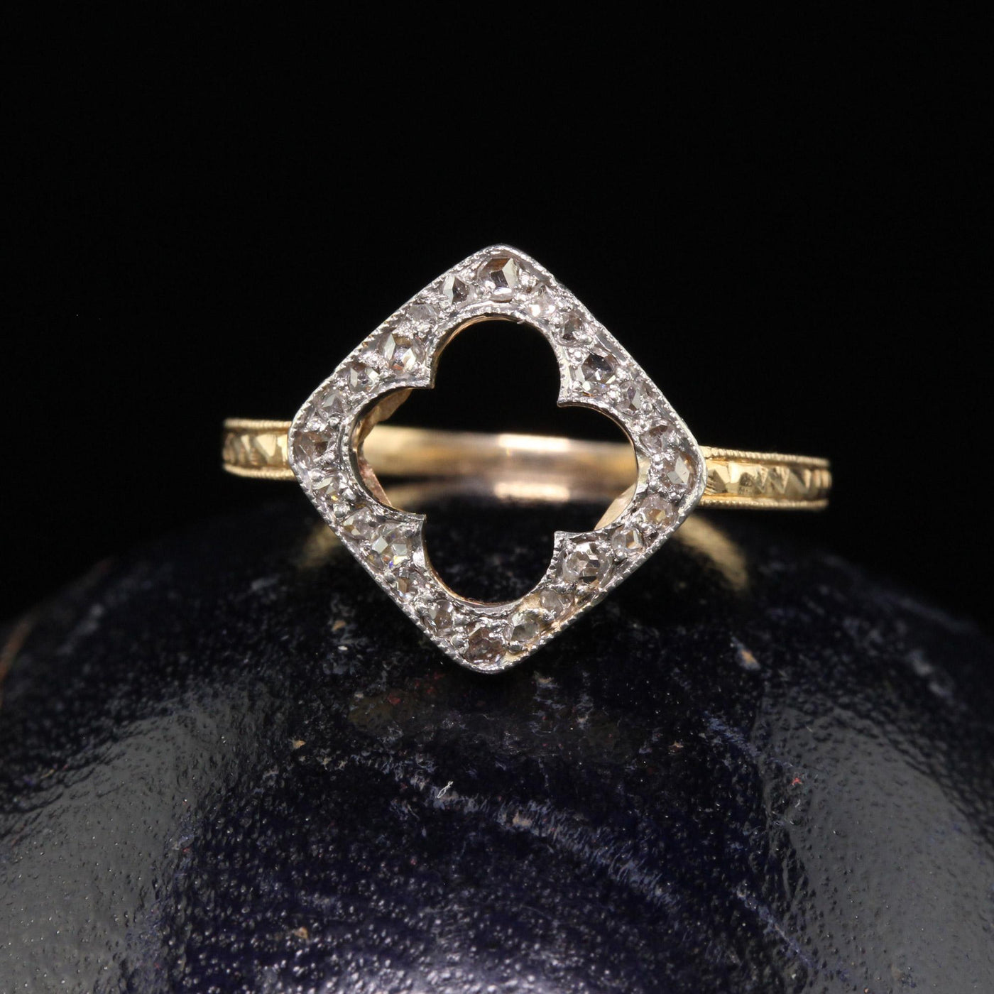 Antique Edwardian 14K Yellow Gold Platinum Top Rose Cut Diamond Clover Ring