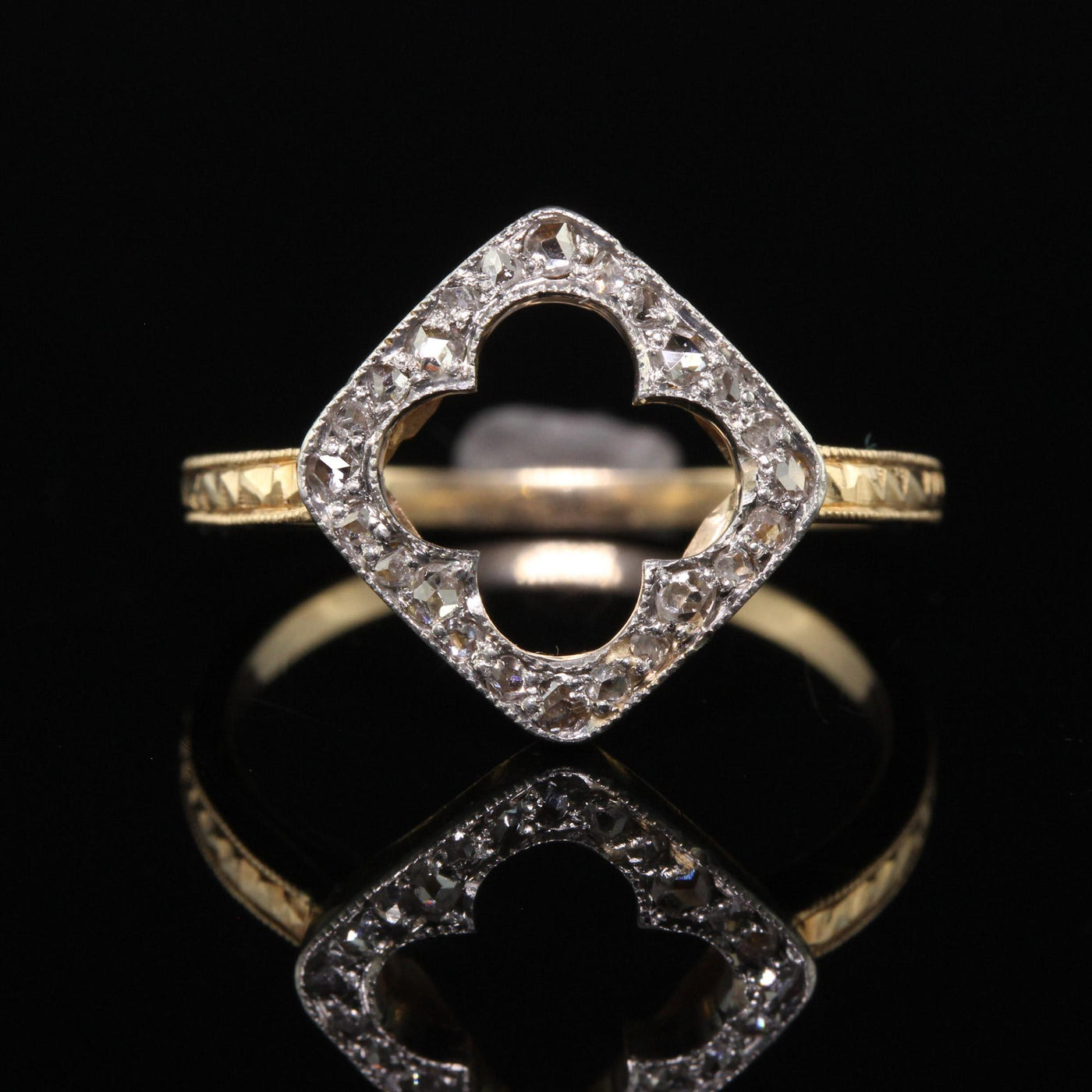 Antique Edwardian 14K Yellow Gold Platinum Top Rose Cut Diamond Clover Ring