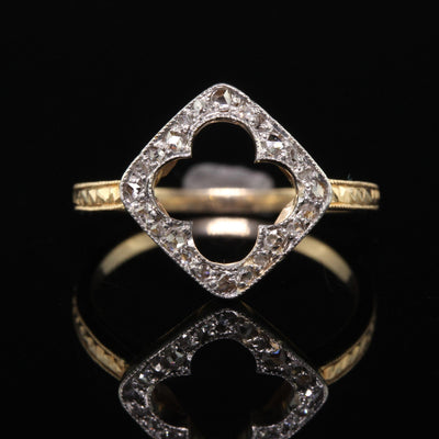 Antique Edwardian 14K Yellow Gold Platinum Top Rose Cut Diamond Clover Ring