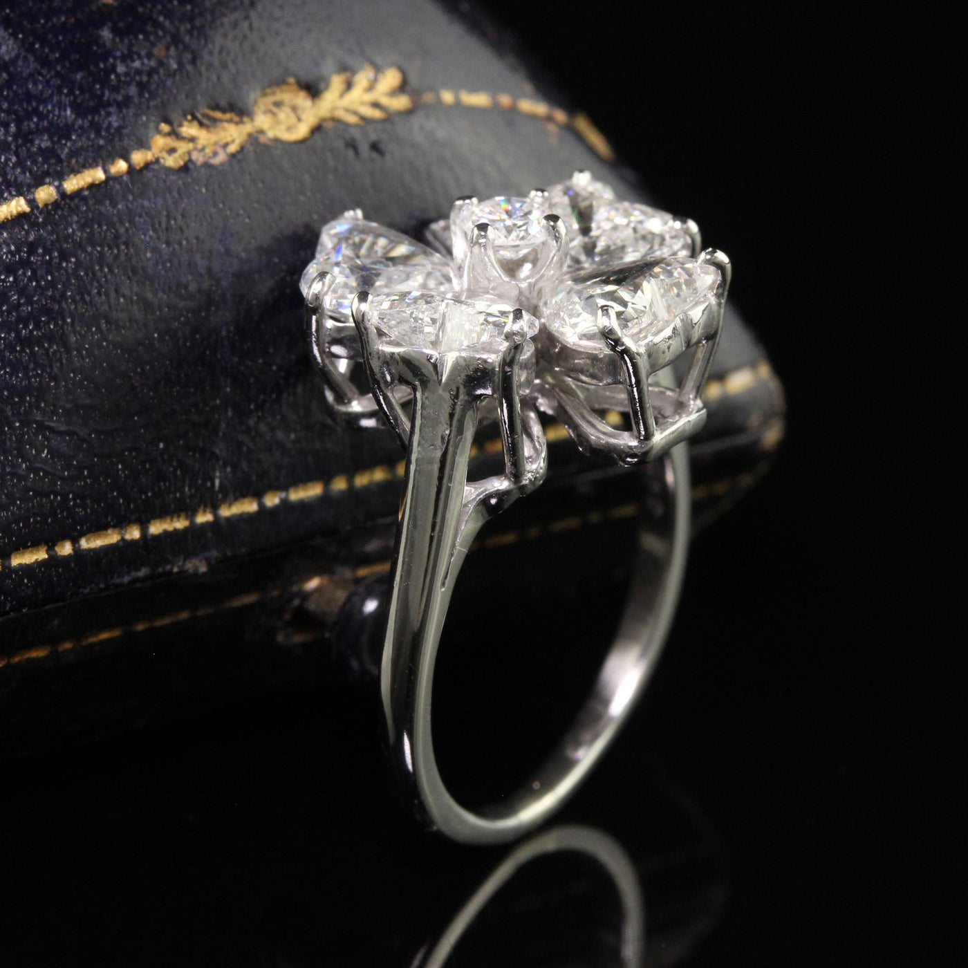 Vintage Retro Platinum Old Heart Shape Diamond Clover Ring
