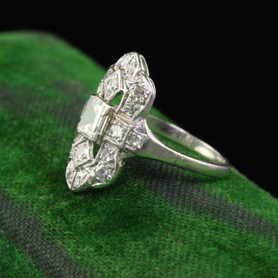 Antique Art Deco Platinum Old Step Cut Diamond Shield Ring