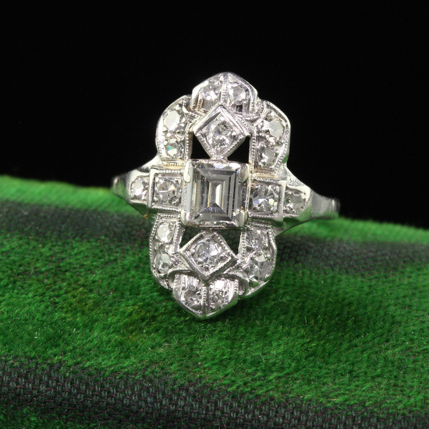 Antique Art Deco Platinum Old Step Cut Diamond Shield Ring