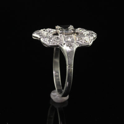 Antique Art Deco Platinum Old Step Cut Diamond Shield Ring