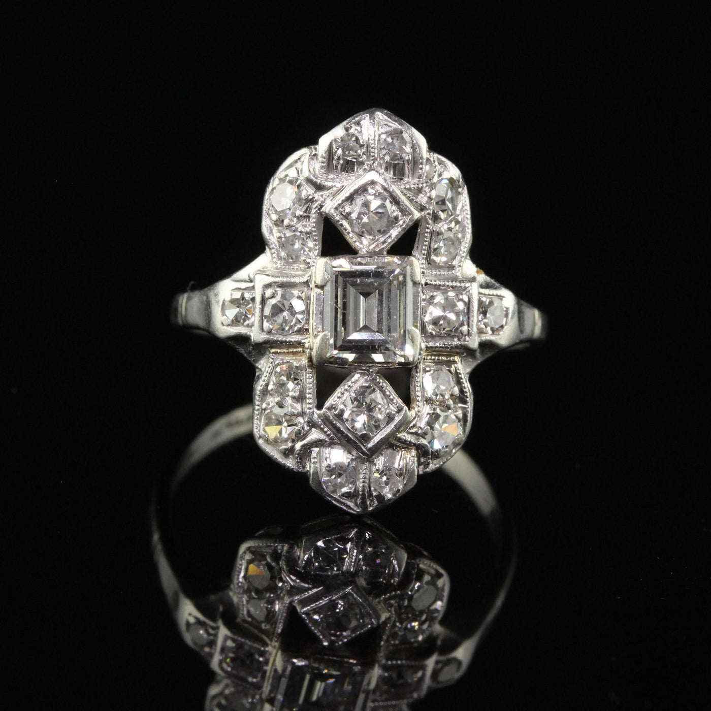 Antique Art Deco Platinum Old Step Cut Diamond Shield Ring