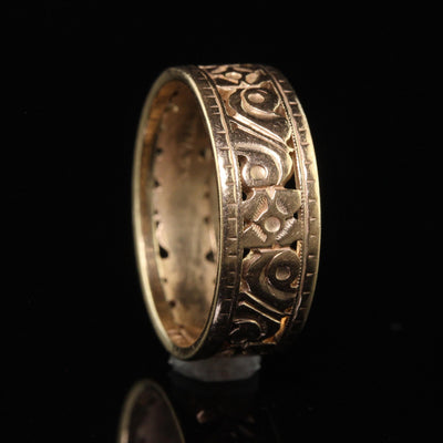 Antique Art Deco 14K Yellow Gold Floral Engraved Wide Wedding Band - Size 6