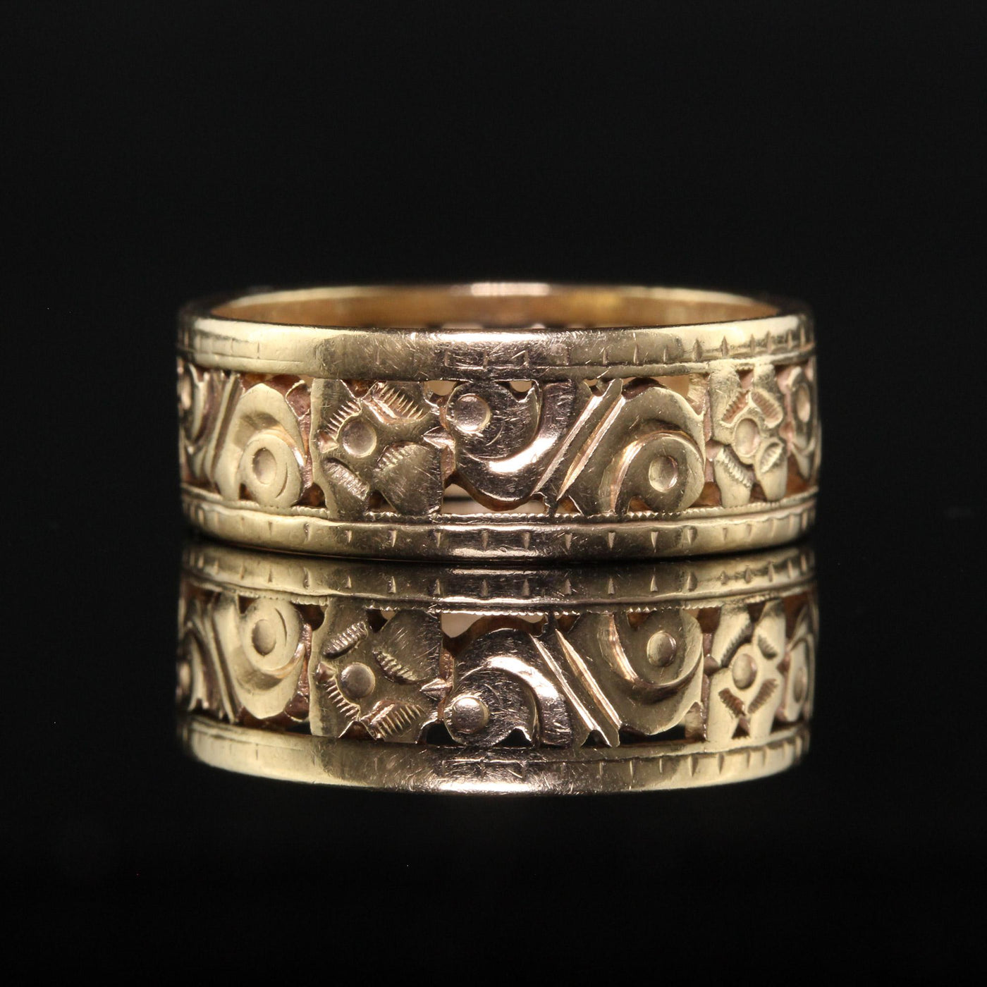 Antique Art Deco 14K Yellow Gold Floral Engraved Wide Wedding Band - Size 6