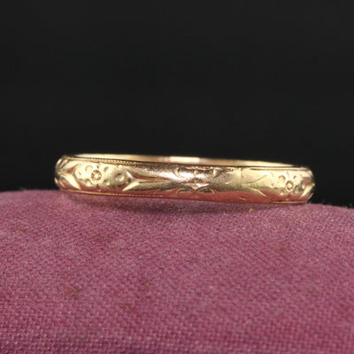 Antique Art Deco 14K Gold Floral Blossom Engraved Wedding Band - Size 11 3/4