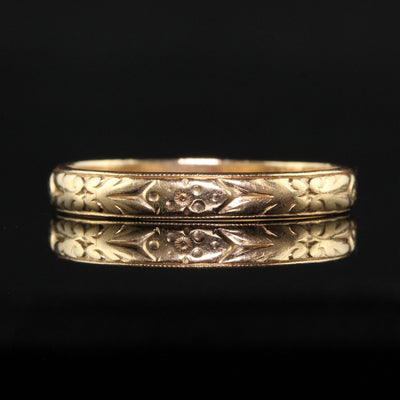 Antique Art Deco 14K Gold Floral Blossom Engraved Wedding Band - Size 11 3/4