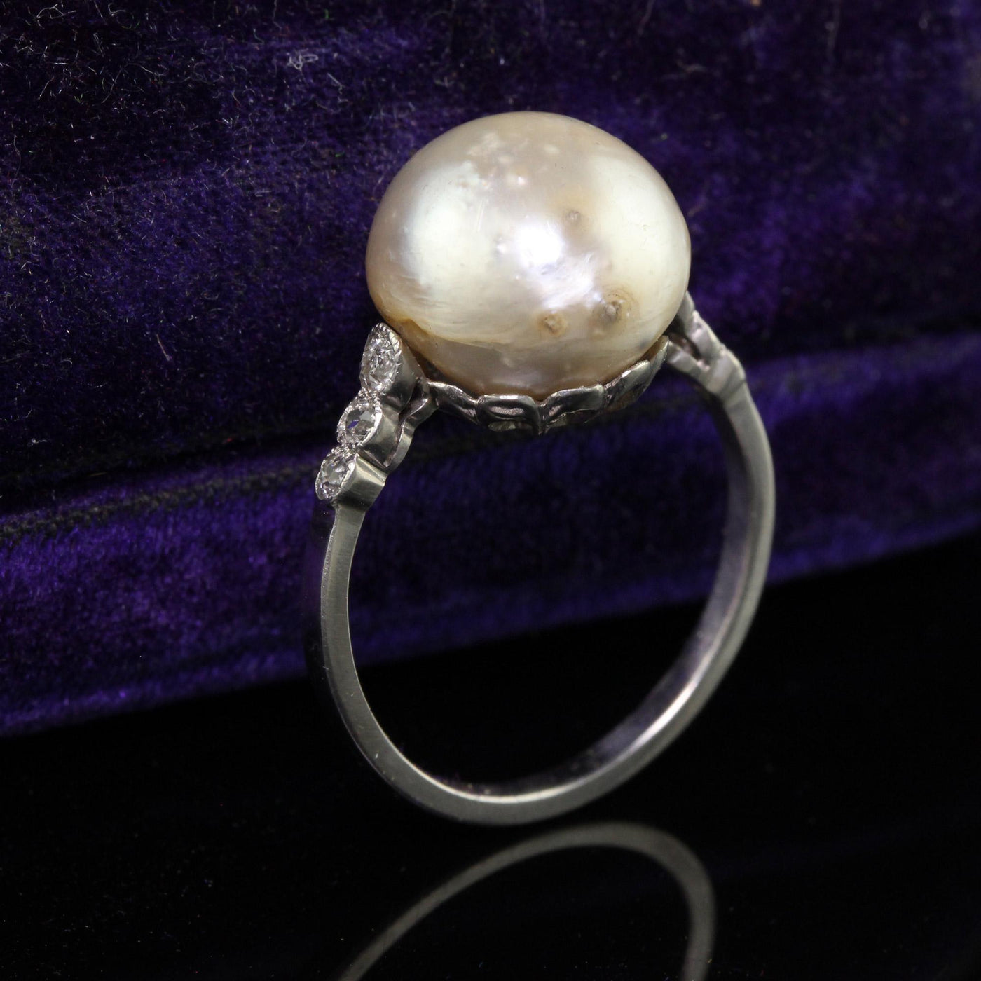 Antique Art Deco Platinum Natural Pearl and Diamond Engagement Ring - GIA