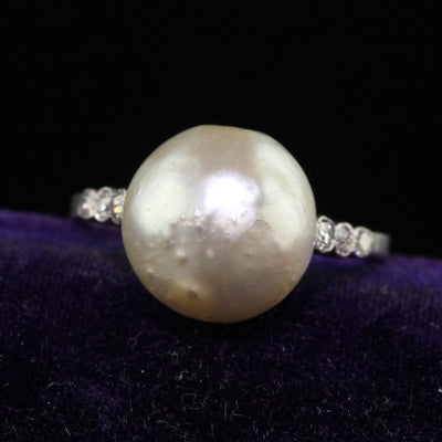 Antique Art Deco Platinum Natural Pearl and Diamond Engagement Ring - GIA