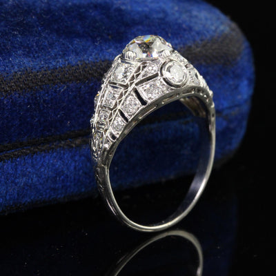 Antique Edwardian Platinum Old Mine Diamond Filigree Engagement Ring - GIA