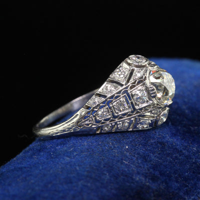 Antique Edwardian Platinum Old Mine Diamond Filigree Engagement Ring - GIA