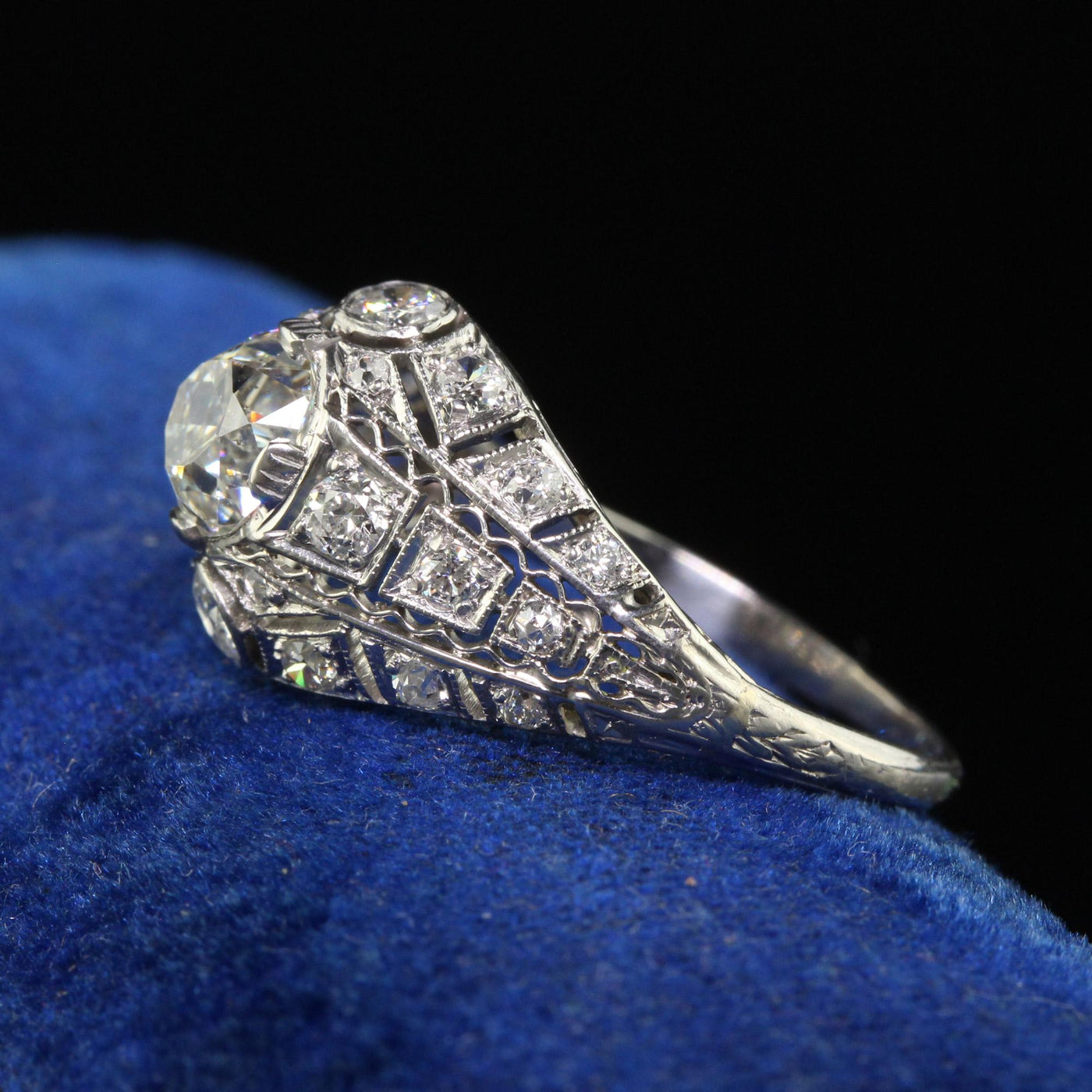 Antique Edwardian Platinum Old Mine Diamond Filigree Engagement Ring - GIA