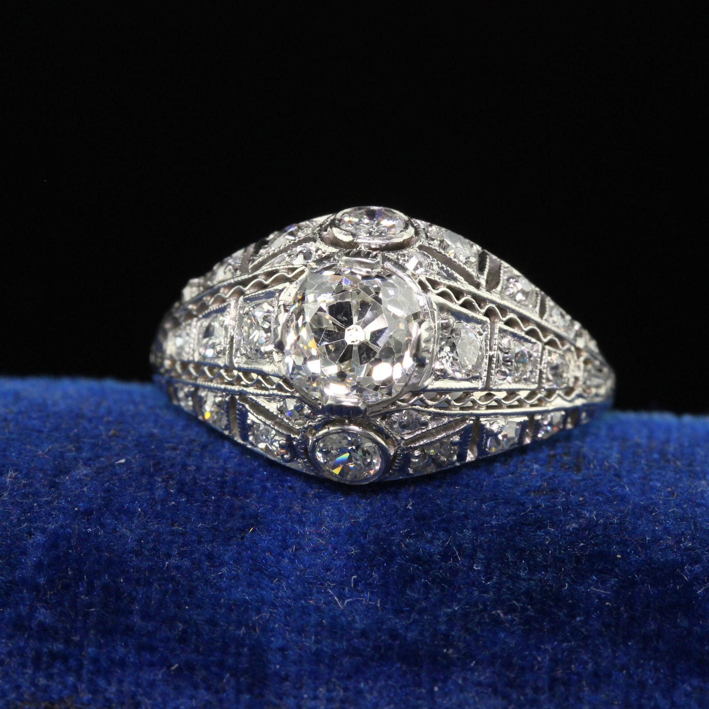 Antique Edwardian Platinum Old Mine Diamond Filigree Engagement Ring - GIA