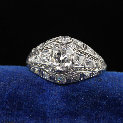 Antique Edwardian Platinum Old Mine Diamond Filigree Engagement Ring - GIA