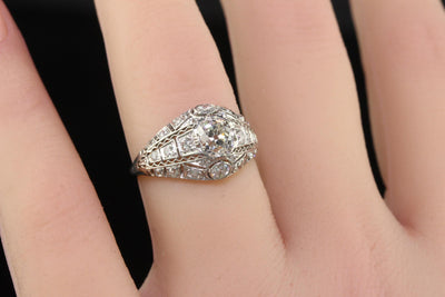 Antique Edwardian Platinum Old Mine Diamond Filigree Engagement Ring - GIA