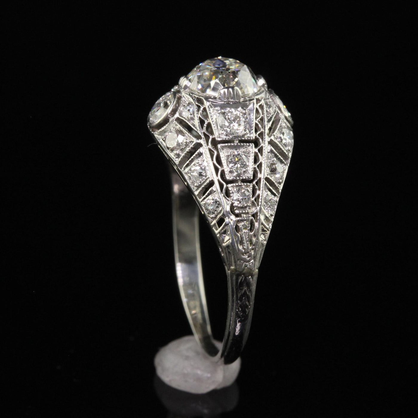 Antique Edwardian Platinum Old Mine Diamond Filigree Engagement Ring - GIA