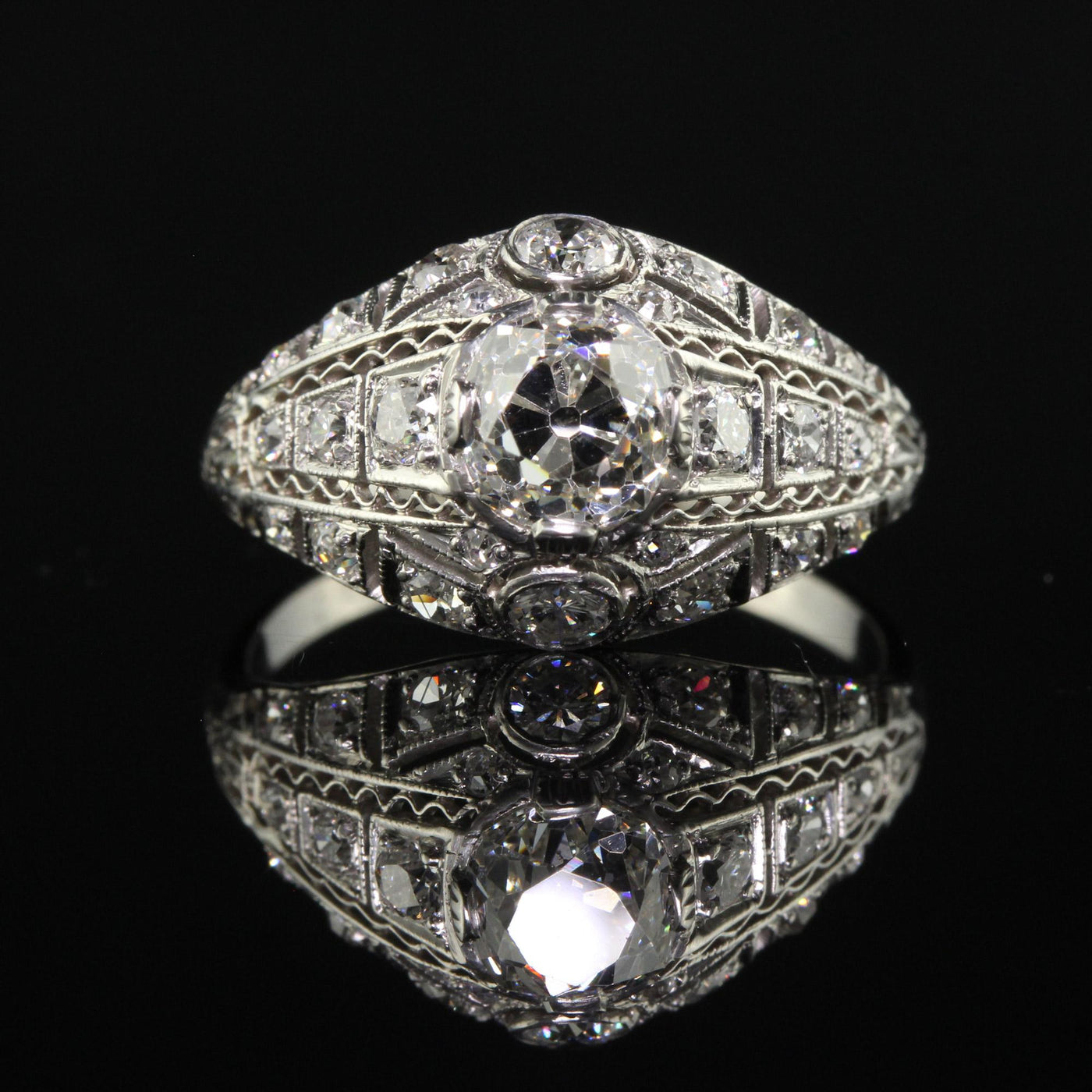 Antique Edwardian Platinum Old Mine Diamond Filigree Engagement Ring - GIA