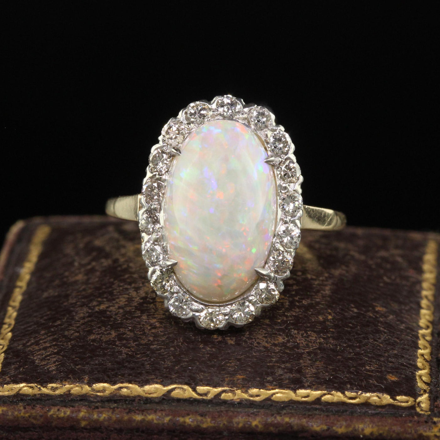 Vintage Estate 14K Yellow Gold Platinum Natural Opal Diamond Engagement Ring