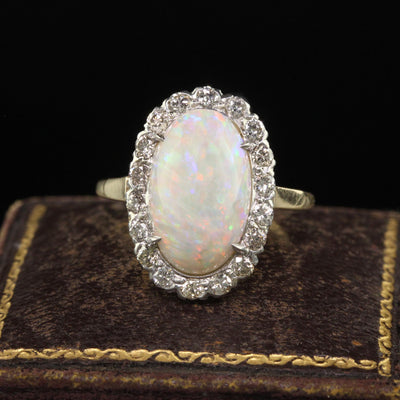 Vintage Estate 14K Yellow Gold Platinum Natural Opal Diamond Engagement Ring