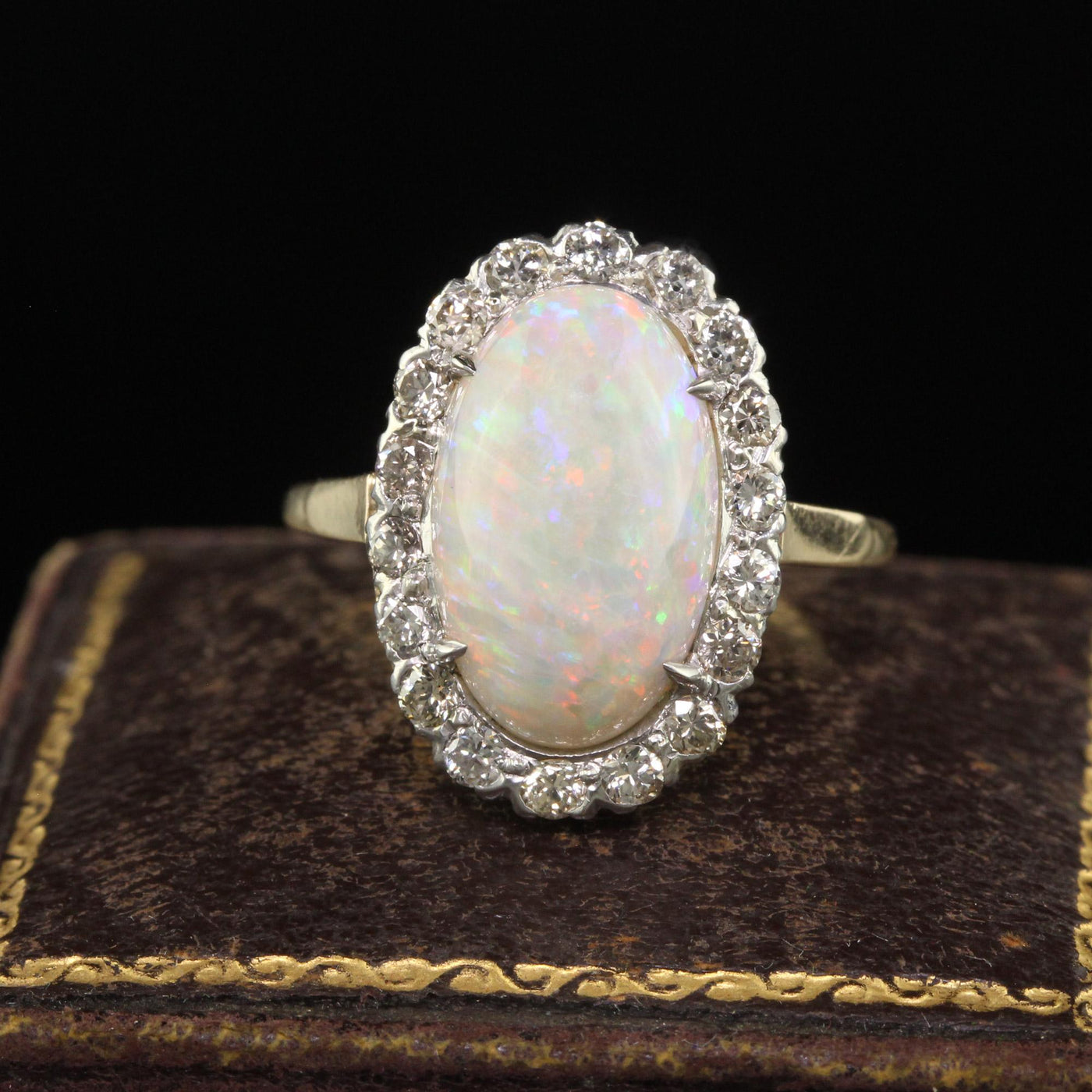 Vintage Estate 14K Yellow Gold Platinum Natural Opal Diamond Engagement Ring