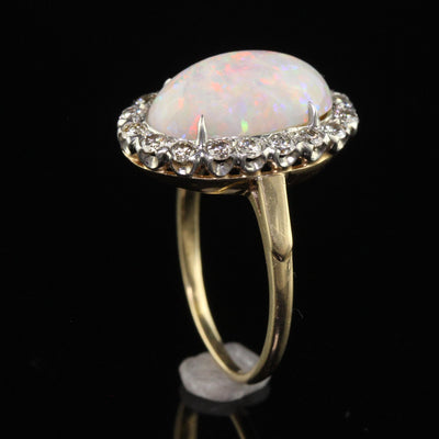 Vintage Estate 14K Yellow Gold Platinum Natural Opal Diamond Engagement Ring