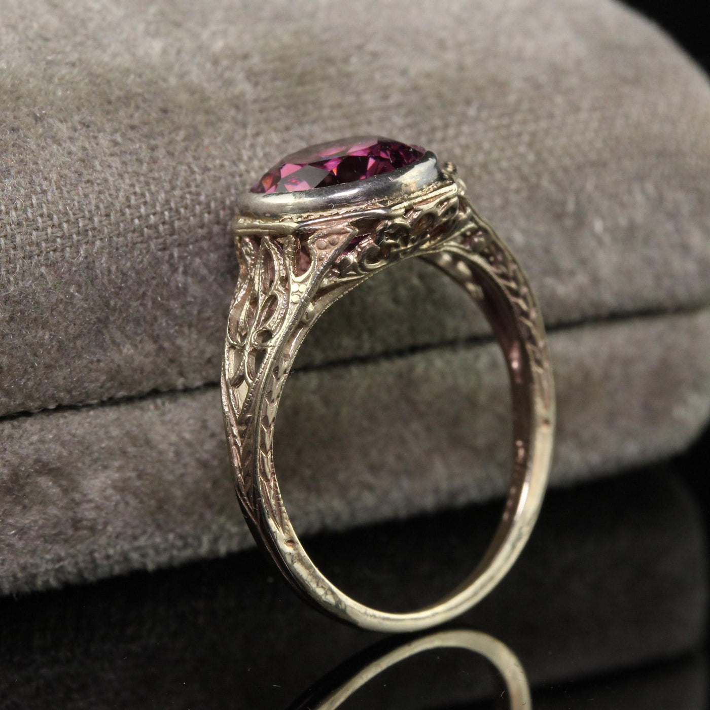 Antique Art Deco 14K White Gold Rhodolite Garnet Filigree Engagement Ring