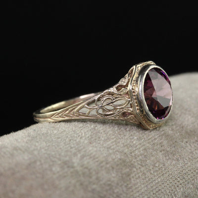 Antique Art Deco 14K White Gold Rhodolite Garnet Filigree Engagement Ring