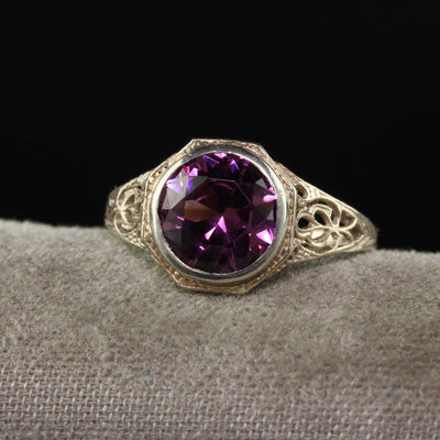 Antique Art Deco 14K White Gold Rhodolite Garnet Filigree Engagement Ring