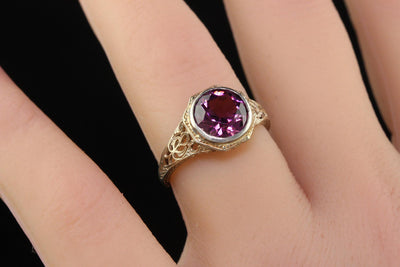 Antique Art Deco 14K White Gold Rhodolite Garnet Filigree Engagement Ring