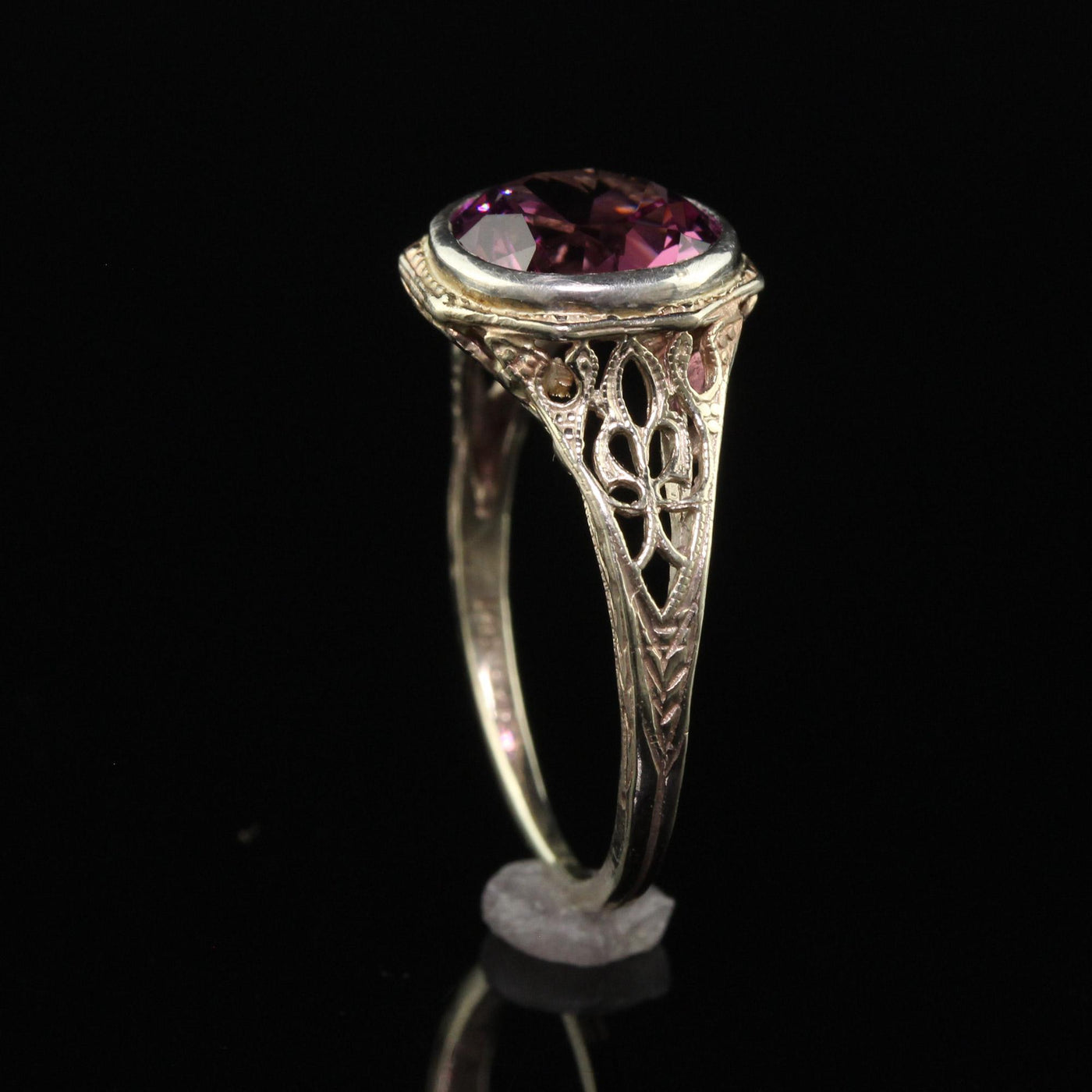 Antique Art Deco 14K White Gold Rhodolite Garnet Filigree Engagement Ring